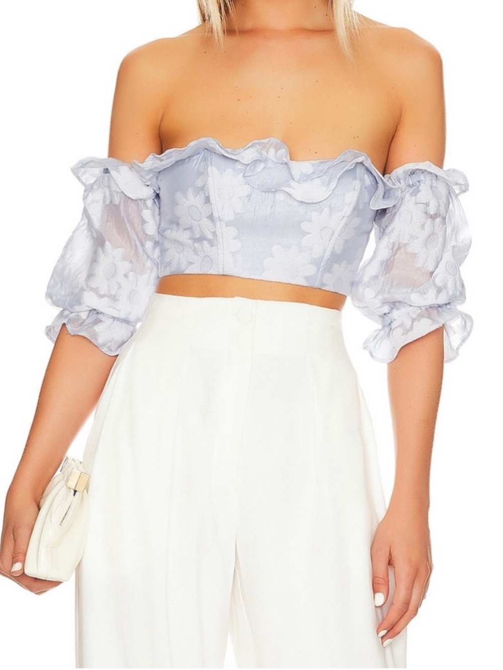 NEW WITHOUT TAGS! MAJORELLE Light Blue Floral Puff-Sleeve Crop Andrea Top Small